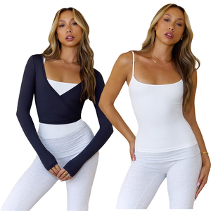 Camiseta sin mangas para mujer, cuello cuadrado, tirantes finos, transpirable, de algodón y spandex, sin costuras, para yoga, corte regular, color liso - Product Image 2