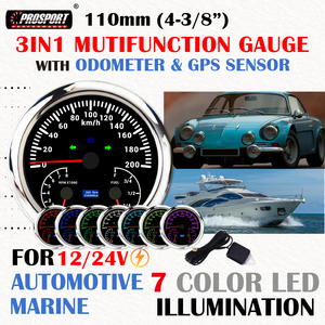 Compteur de vitesse électrique 3-en-1 110 mm (4-3/8 po) 7 couleurs 200 km/h avec tachymètre, jauge de carburant et odomètre, cadran noir, 12/24 V, IP67, pour applications automobiles et marines - Product Image 2
