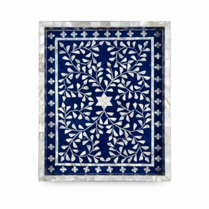 Plateau décoratif de luxe bleu marine avec incrustations en os, motif floral, pour table basse, organisateur de bijoux de coiffeuse, plateau indien - Product Image 1