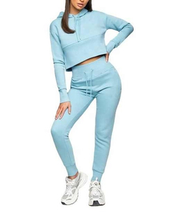 Ensemble haut court à capuche et pantalon de survêtement bleu clair pour femme, manches longues, couleur unie, vêtements décontractés, coton extensible tricoté, tenue 2 pièces - Product Image 3