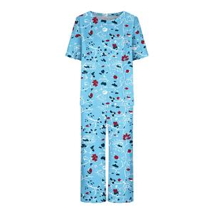 Ensemble de pyjama imprimé floral pour femmes, manches courtes, col rond, en coton tricoté, respirant, doux, vêtements de nuit décontractés, 2 pièces, longueur complète - Product Image 5