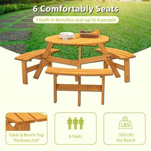 Table de pique-nique circulaire en bois pour 6 personnes avec 3 bancs intégrés, capacité de 1720 lb, pour patio, jardin, bricolage - Product Image 3