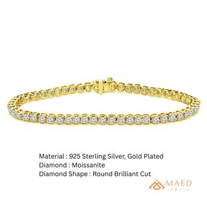 สร้อยข้อมือเทนนิสโมอิสซาไนต์สีทองสำหรับผู้หญิง สร้อยข้อมือแบบโซ่และแบบเชื่อมต่อ ประดับด้วยหินทรงกลม เครื่องประดับแฟชั่นสุดหรู ของขวัญวันครบรอบสุดสง่างาม - Product Image 6