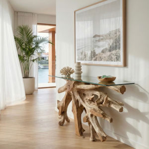 Table console en racine de teck, meubles en bois naturel, fabrication artisanale moderne, salon, hôtel, extérieur, intérieur, jardin, table d'appoint - Product Image 1