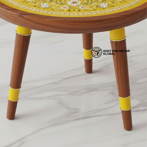 Modern Yellow Meena Design <b>Round</b> Wooden <b>Stool</b> – Artistic Home Decor Accent Furniture - Product Image 5