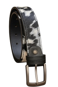 Cinturón de cuero auténtico con pelo de vaca, personalizado OEM, para hombre, con etiqueta privada y hebilla metálica. - Product Image 4