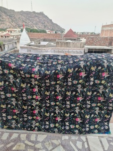 Blue Mukut Print Kantha <b>Quilt</b> Hand Stitched Queen Size Cotton <b>Bedspread</b> Reversible Bohemian Style All-Season Washable - Product Image 1