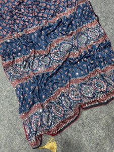 Premium Soft Chinon Silk Ankle-Length Wrinkle-Free Thread Sequins Embroidery Ajrakh Print Stylish Party Wear <b>Saree</b> Unstitched - Product Image 5