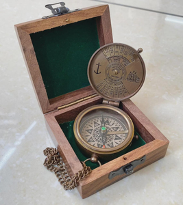 Vintage Brass <b>Compass</b> Perpetual Calendar Handmade Nautical Pocket <b>Compass</b> with <b>Chain</b> Wooden Box Antique Maritime Navigation Gift - Product Image 2
