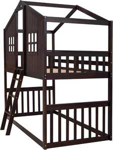 Lit superposé double en bois style espresso, traditionnel, durable, écologique, avec échelle et barrière de sécurité, pour salon, chambre, hôtels, salle à manger - Product Image 4