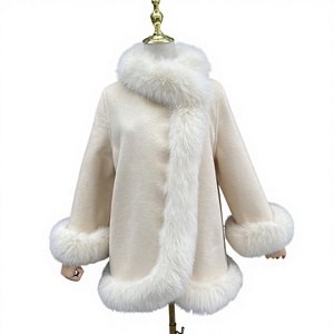 Manteau en laine mélangée crème pour femme avec col et poignets en fausse fourrure, élégant, chaud et tendance pour l'hiver, manteau long pour femme, vente en gros OEM - Product Image 1