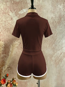Women's Solid Color Two-Piece Shorts Set Polo Collar Short Sleeve Breathable Sporty Regular Fit Knitted Polyester Spring Summer - Product Image 2