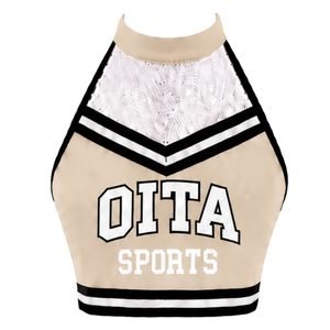 Ensemble d'uniformes de cheerleading beige personnalisés, haut plissé, vêtements de sport pour performance, tenue de compétition de danse d'équipe, vêtements de sport athlétiques - Product Image 5