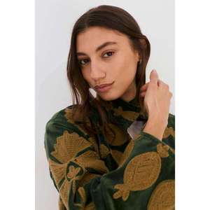 <b>Women</b>’s Dark Green Suzani Embroidered <b>Jacket</b> Casual Long Sleeve <b>Lightweight</b> Button-Up Coat Vintage Ladies Loose Fit Shirt <b>Jacket</b> - Product Image 4