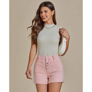 2025 femmes taille haute à la mode bouton mouche poche plaquée Jean Shorts coupe ajustée été Denim côté fendu extensible Style décontracté - Product Image 3