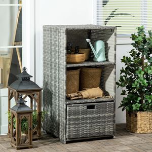 Portasciugamani da piscina impermeabile in rattan PE grigio, accessorio per spa e vasca idromassaggio da interno/esterno, 2 ripiani, 1 cestello, 1 cassetto, riscaldatore - Product Image 2