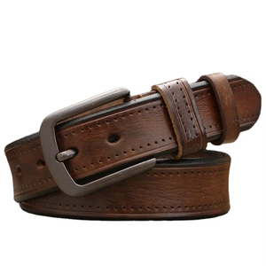Ceinture en cuir véritable, cuir de vache, couleur unie, boucle à ardillon rectangulaire en cuivre, style décontracté, durable, moulage monobloc - Product Image 2