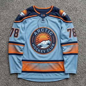 Premium Mountain Graphic Ice Hockey Shirt Long Sleeve Soccer Jersey <b>Light</b> Blue and Orange Men's Custom Team Training Apparel - Product Image 1