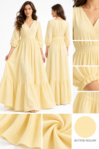 Vestido Maxi Casual Sencillo de Algodón y Lino al por Mayor con Cuello en V, Manga Abullonada, Cintura Natural, Dobladillo Escalonado y Caída Fluida para Todas las Estaciones - Product Image 6