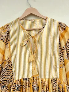 Bohemian Yellow Tiger Print Cotton Midi <b>Dress</b> Vintage Puff Sleeve <b>Loose</b> Fit Tie Neck Summer <b>Dress</b> For Women - Product Image 5