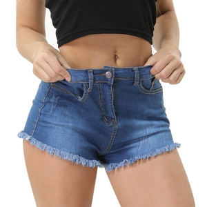 Women's Mid Waist Denim Shorts 100% Cotton Solid Color Ripped Hem Casual Elastic Waist Fit Type Regular Wash Distressed Anti-UV - Product Image 3