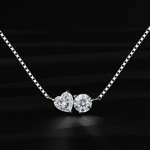 Collier de haute qualité en or blanc avec diamant de laboratoire, collier élégant en pierre, collier fin en forme de cœur et rond. - Product Image 1