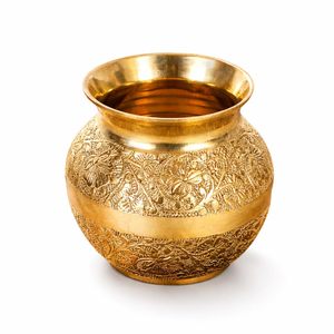Lota Puja Kalash en laiton pur plaqué, motif floral artisanal, 200 ml, récipient traditionnel en laiton de haute qualité pour temple domestique, Jal Arpan - Product Image 1