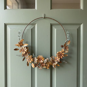 Corona Floral Rústica de Metal, Flores con Pátina de Cobre Vintage, Decoración Elegante y Minimalista para Puerta Principal de Otoño, Adorno Festivo para Colgar en la Pared - Product Image 1