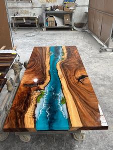 Mesa de oficina de resina epoxi de madera maciza con efecto río, mesa de comedor transparente de resina epoxi y madera maciza, superventas - Product Image 5