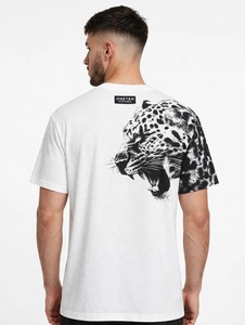 ONETEN APPAREL เสื้อยืดแขนสั้นผู้ชายสีขาวคอกลมทรงปกติพิมพ์ลายเสือดำ - Product Image 3