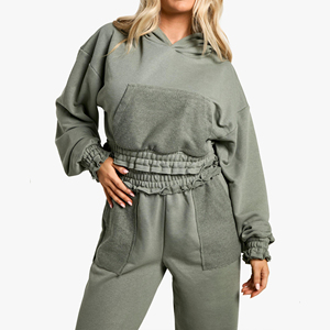 Custom Women's Winter Solid Hooded Cargo Tracksuit <b>Set</b> High Neck Crop Top and <b>Joggers</b> 2 Piece <b>Matching</b> Pockets Casual Outfit - Product Image 1