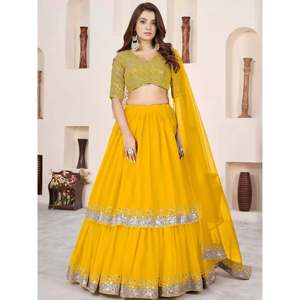 Yellow <b>Sequins</b> Georgette Haldi Wear Lehenga Choli for Women - Product Image 1