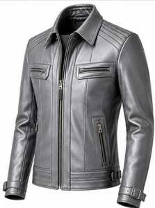 Blouson moto en cuir véritable beige pour homme, col rabattu, fermeture éclair, coupe ajustée, manches classiques, couleur unie, automne - Product Image 2