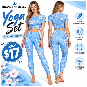 Conjunto Deportivo de Dos Piezas Regal Three para Mujer, Top Corto de Manga Corta con Estampado Floral y Leggings Largos, Transpirable, para Yoga, Gimnasio y Fitness - Product Image 1