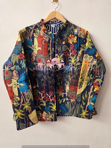 Handmade Kantha Quilted <b>Jacket</b> For Women Cotton Quilted Coat Block Print Indian Outerwear Floral Jungle Print Boho <b>Blazer</b> - Product Image 2