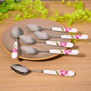 Juego de 6 Cucharas de Porcelana con Diseño de Rosas y Mango de Cerámica, Cucharas Largas de Acero para Servir Cena y Postre - Product Image 3