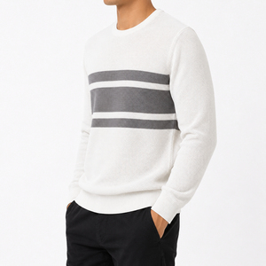 <b>Men's</b> White Knitted Crew Neck Pullover <b>Grey</b> Striped Long Sleeve Casual <b>Sweatshirt</b> - Product Image 3