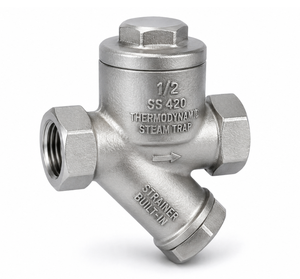 Trampa de vapor termodinámica de acero inoxidable de 1/2 pulgada AISI 420, fundición de precisión con filtro incorporado, rosca hembra BSP - Product Image 1