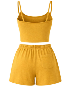 Conjunto de 2 Piezas Amarillo para Mujer, Top Corto sin Mangas con Cordón Ajustable y Pantalones Cortos, Tejido Sólido Transpirable, Casual, Primavera Verano - Product Image 2