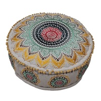 Pouf ottoman traditionnel luxueux en coton brodé, coussin de sol, décoration de Noël pour la maison, broderie indienne ronde, lot de 2 pièces