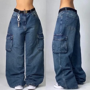 Pantalon cargo en jean délavé taille haute pour femme, coupe ample, longueur intégrale, avec cordon de serrage, décontracté, écologique, idéal pour l'été - Product Image 3