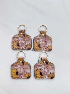 Latest Arrival Hand Tooled Leather Key Chain Cow Sun Flower Rectangular Style Key Earrings Hot Sale Light Weight Key <b>Rings</b> - Product Image 5