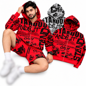 Shorts de jogging en molleton de coton imprimé intégral, coupe décontractée, broderie légère, pour l'été, avec sweat à capuche en molleton léger - Product Image 1