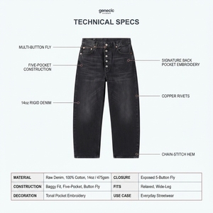Jeans Holgados Personalizados OEM para Hombre, Talla Grande, 14oz, 100% Algodón, Denim Crudo Negro, Estilo Urbano, Logotipo Bordado, Botones con Efecto Desgastado - Product Image 5