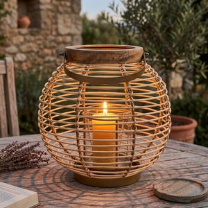 Encantadora Lámpara Redonda de Ratán Tejido con Borde de Madera, Copa de Vidrio Transparente y Asa de Metal para un Toque Bohemio en el Hogar - Product Image 3