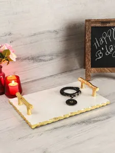 Luxury White Marble Serving Tray with Gold Metal Handles Classic Multifunctional <b>Desk</b> & Living Room Storage Organizer - Product Image 5