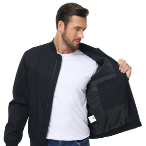 Men's <b>Black</b> Stand Collar Anti-Bacterial <b>Fleece</b> Bomber <b>Jacket</b> Zipper Closure Windproof Casual Outerwear Regular Fit Polyester - Product Image 2
