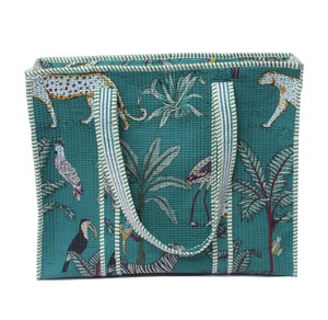 Quilted Cotton Tote <b>Bag</b> Printed Animal and Palm <b>Tree</b> Pattern Zipper Shoulder Handbag for Travel Shopping Beach. - Product Image 2