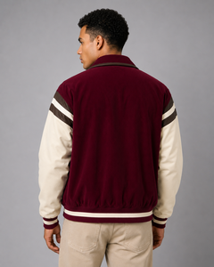 Fashion Unique Spring Maroon <b>Corduroy</b> Varsity <b>Jacket</b> Pullover Front Contrast Color Full-Sleeve Turn-down Collar Breathable - Product Image 4