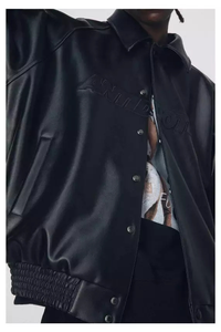 Chaqueta de Cuero Genuino para Hombre con Logotipo en Relieve 3D, Cuello Byron, Botones a Presión, Chaqueta Bomber de Cuero Extra Grande, Elegante para el Invierno - Product Image 5